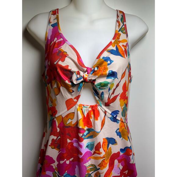 Y2K Halter Midi Dress Sz M Floral Orange Pink Teal Side Slits New Tropical Beach - Picture 1 of 9